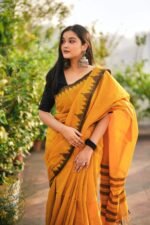 দেশীয় তাঁতের পিওর সুতি শাড়ি  - Pure cotton saree - Yellow - Image 4