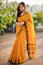 দেশীয় তাঁতের পিওর সুতি শাড়ি  - Pure cotton saree - Yellow - Image 3
