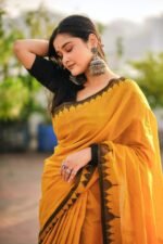 দেশীয় তাঁতের পিওর সুতি শাড়ি  - Pure cotton saree - Yellow - Image 2