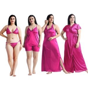 ছয় পার্টের নাইট ড্রেস ( ডিপ গোলাপি ) | ফ্রি সাইজ